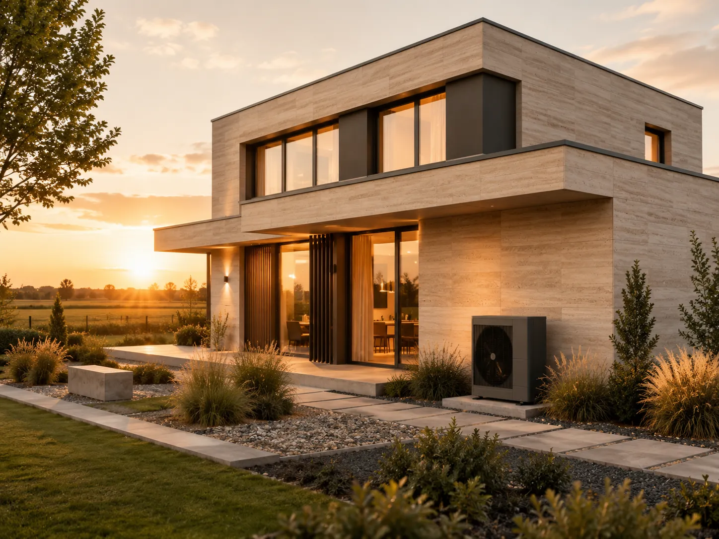 Modernes Einfamilienhaus am Niederrhein im goldenen Abendlicht mit Luft-Wärmepumpe an der Fassade
