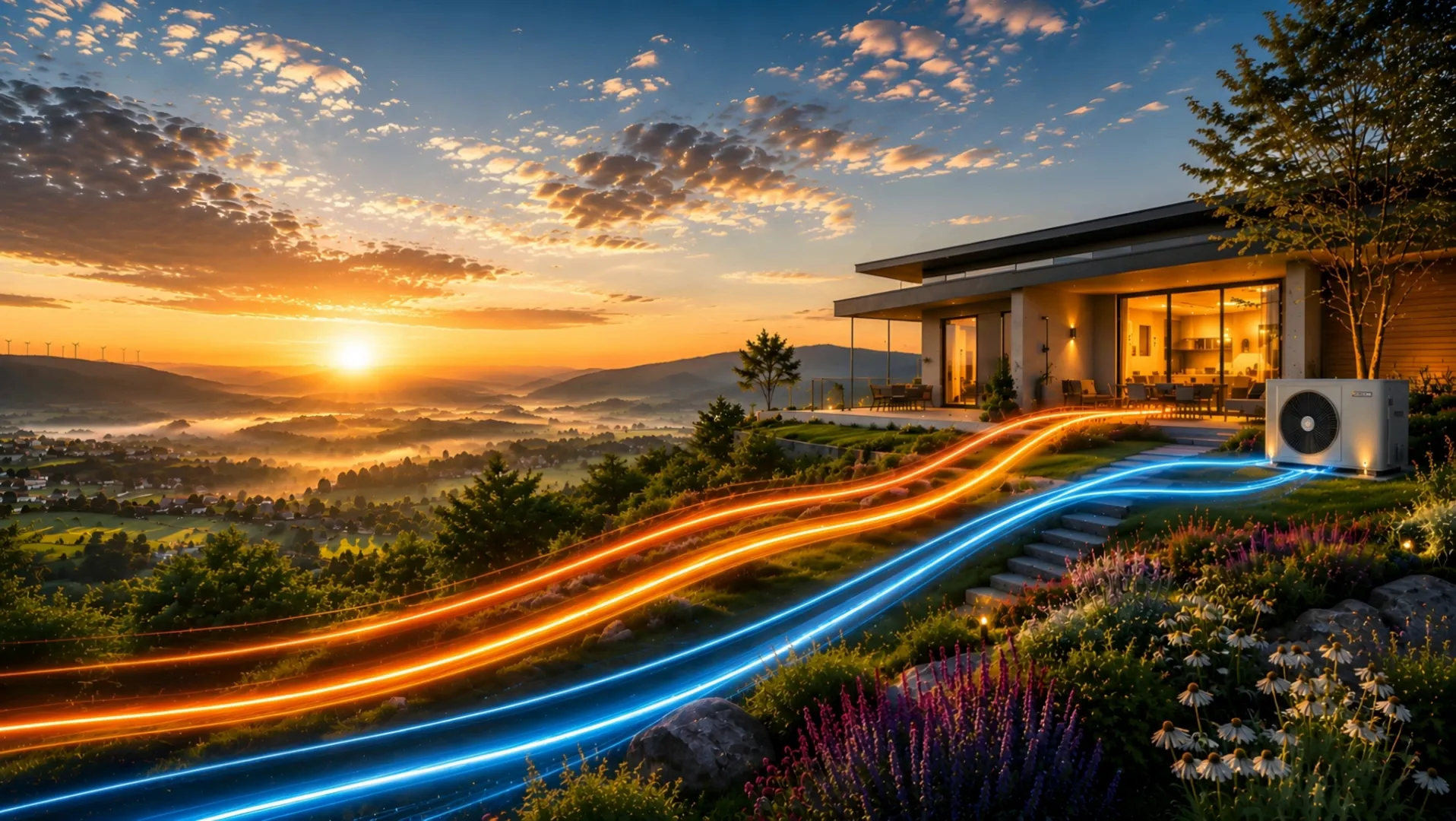 Modernes Einfamilienhaus am Niederrhein im goldenen Abendlicht mit Wärmepumpe und visualisiertem Energiefluss