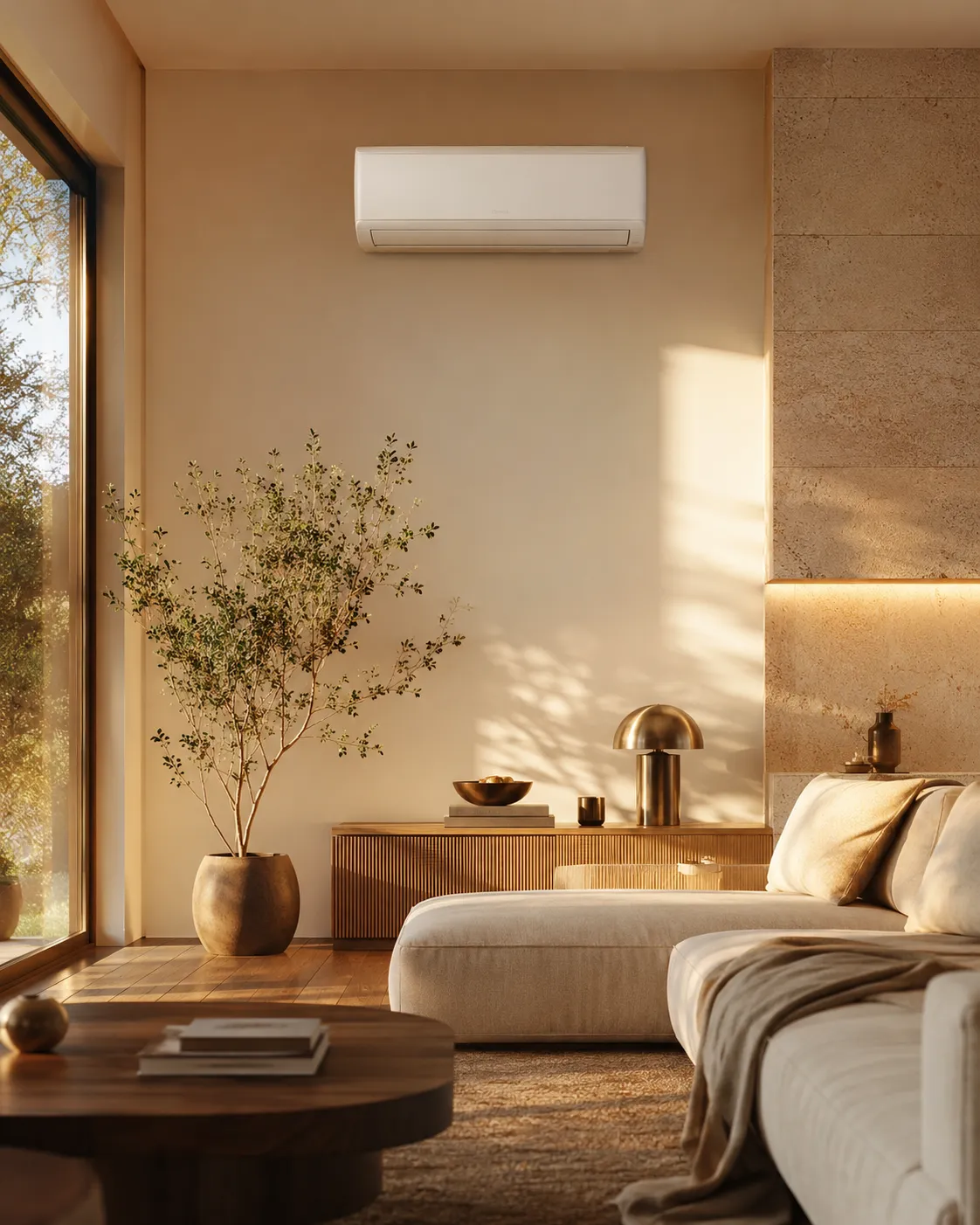 Schlankes weißes Split-Klimagerät an der Wand eines warmen, minimalistischen Wohnraums mit Holzboden und Travertin im Abendlicht