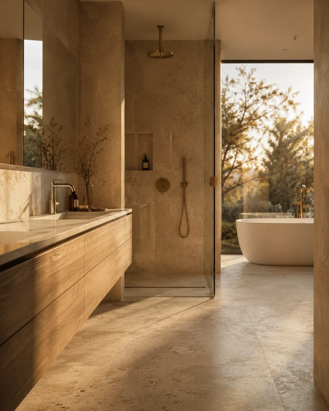 Modernes Komplettbad in Travertin mit bodengleicher Dusche, Holz-Waschtisch und freistehender Badewanne vor bodentiefem Fenster