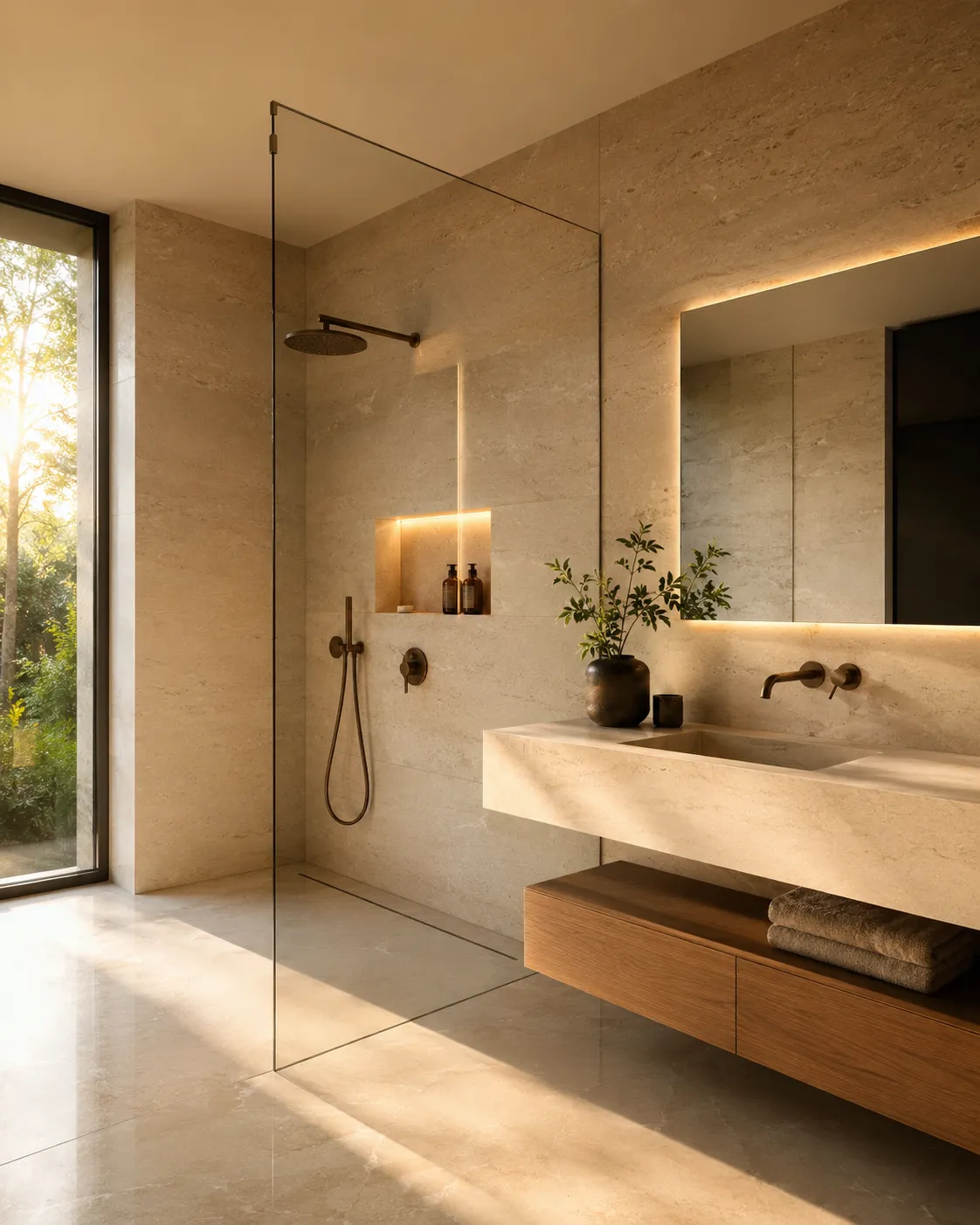 Modernes Bad in warmem Travertin mit bodengleicher Dusche, freistehender Badewanne und Bronze-Armaturen im goldenen Abendlicht