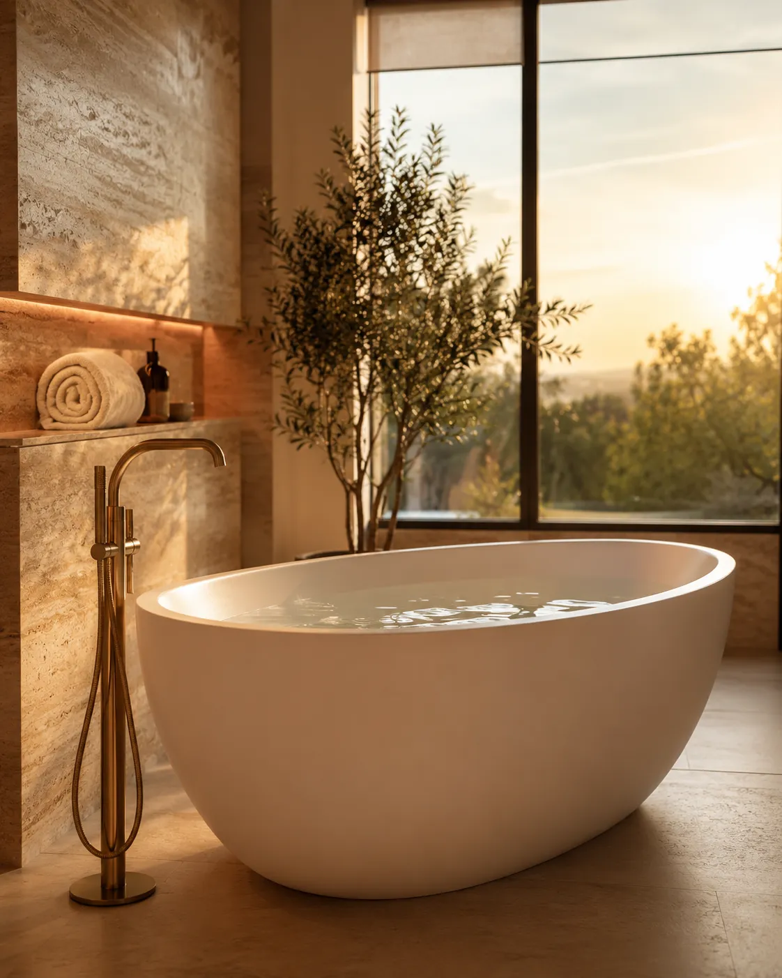 Freistehende mattweiße Badewanne mit bodenstehender Bronze-Armatur vor einer Travertinwand