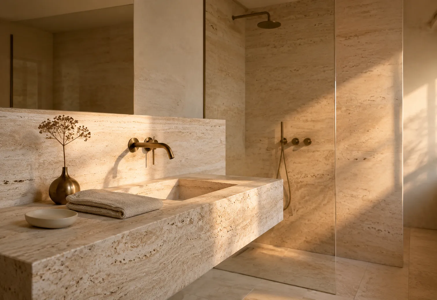 Modernes Bad in warmem Travertin mit wandmontierter Bronze-Armatur und bodengleicher Dusche