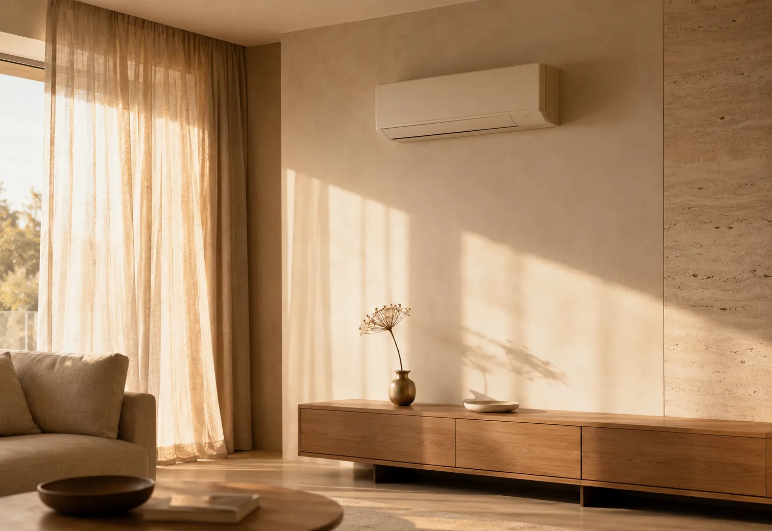 Schlankes wandmontiertes Split-Klimagerät in einem warmen, minimalistischen Wohnraum im Abendlicht